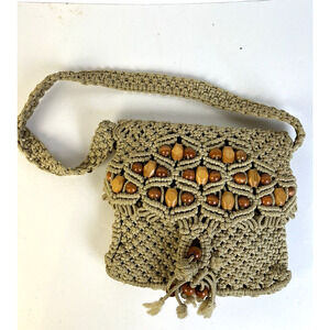 Macrame and Beads Vintage Shoulder Bag Crochet Tan Boho Handbag Festival